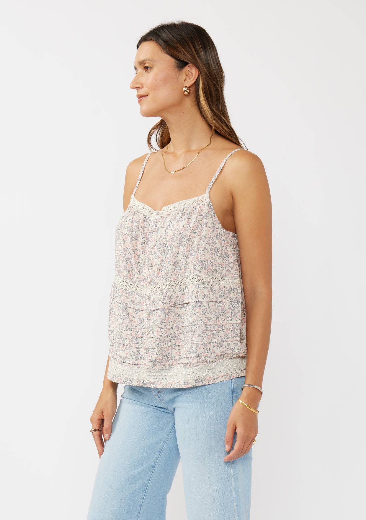 Lace-Trimmed Button Down Floral Spaghetti Tank : Natural/Pink