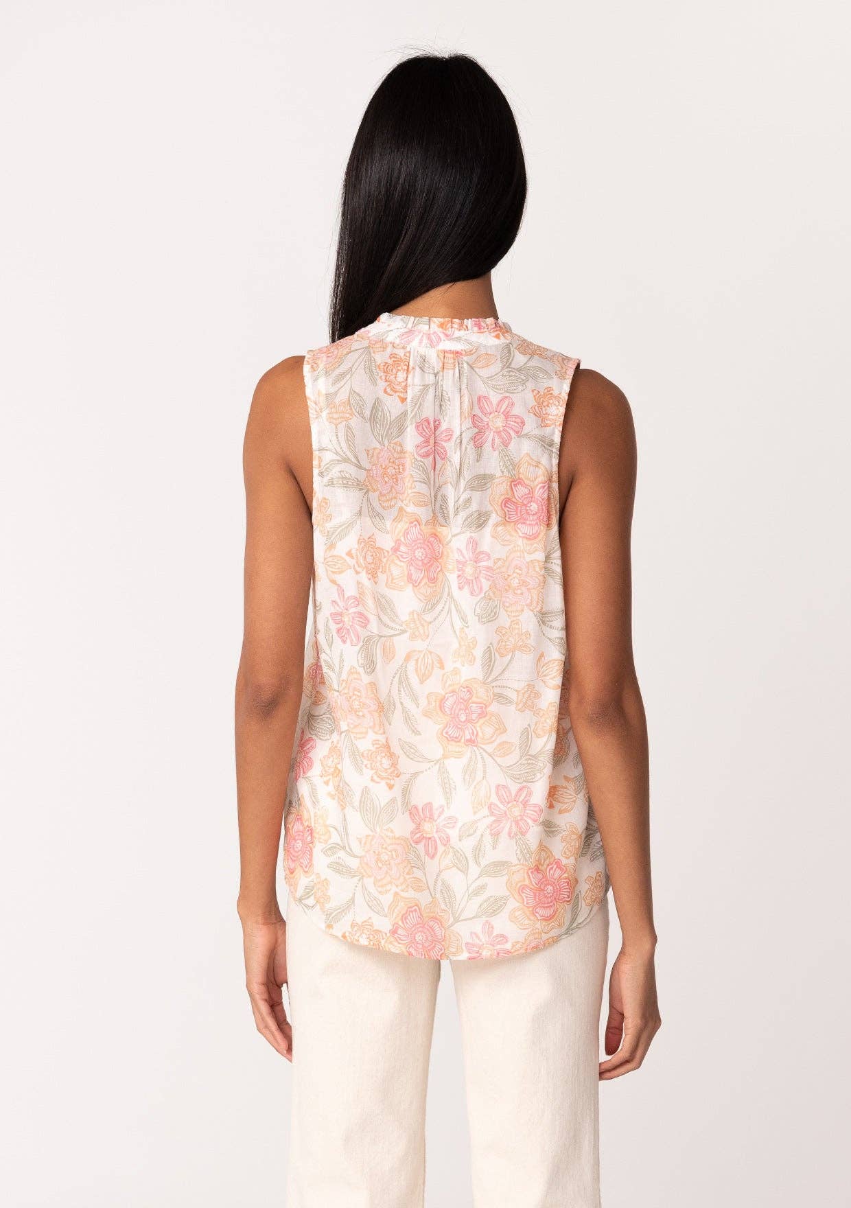 Sheer Floral Button Front Ruffle Neck Tank Top: Natural/Coral