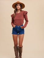 Soft Touch Striped Ruffle Shoulder Top - Brick Red