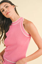 Striped Rib Halter Neck Sweater Top - Hot Pink