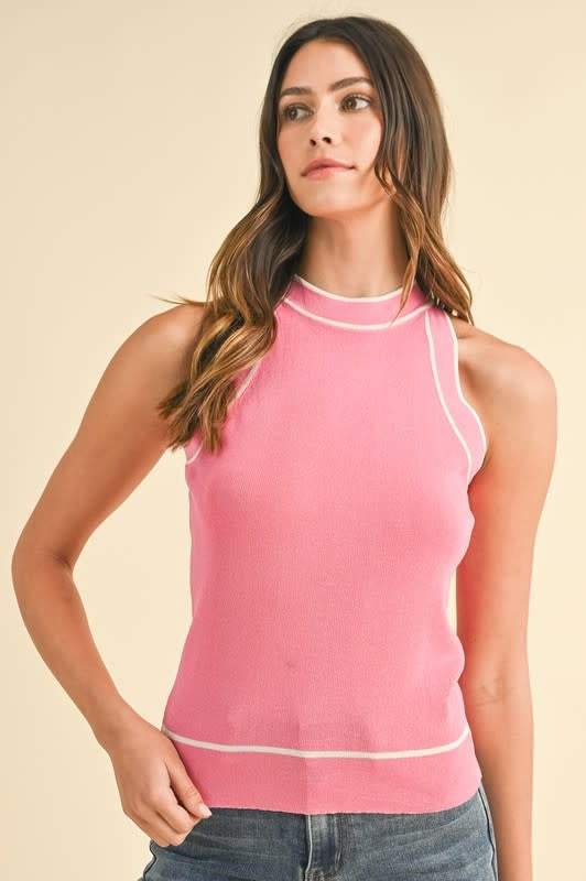 Striped Rib Halter Neck Sweater Top - Hot Pink