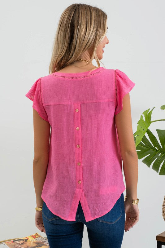 Tulip Sleeve Back Button Blouse - Fuschia