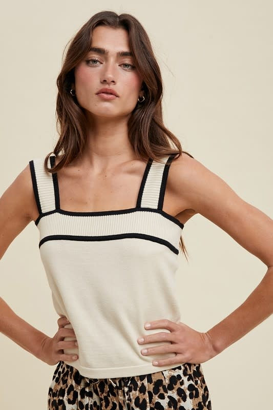 Contrast Sweater Tank Top - Taupe/Black