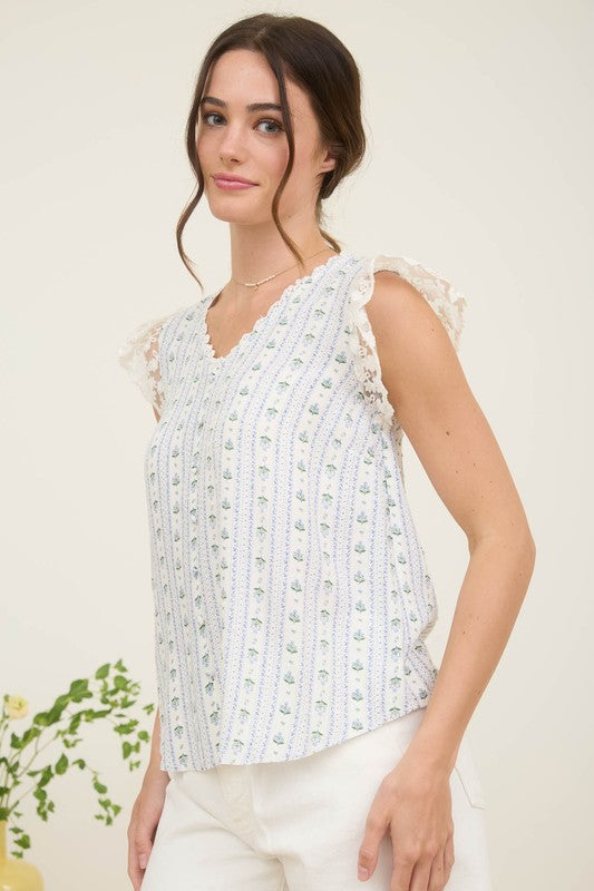 Stripe Floral V Neck Lace Trim Button Down Blouse
