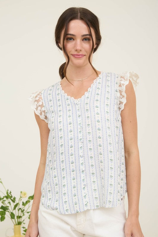 Stripe Floral V Neck Lace Trim Button Down Blouse