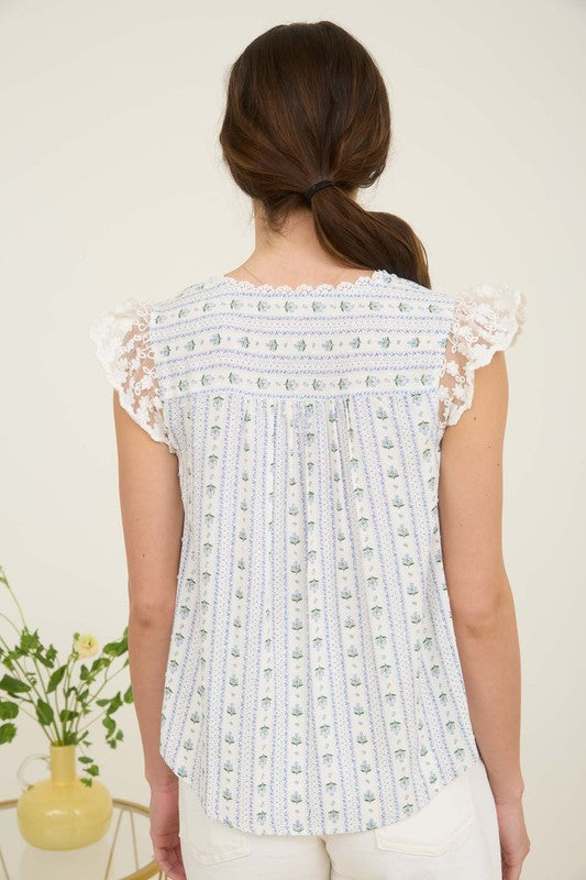 Stripe Floral V Neck Lace Trim Button Down Blouse