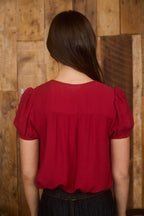Eyelet Lace Trim Double Front Tie Puff Sleeve Top - Red