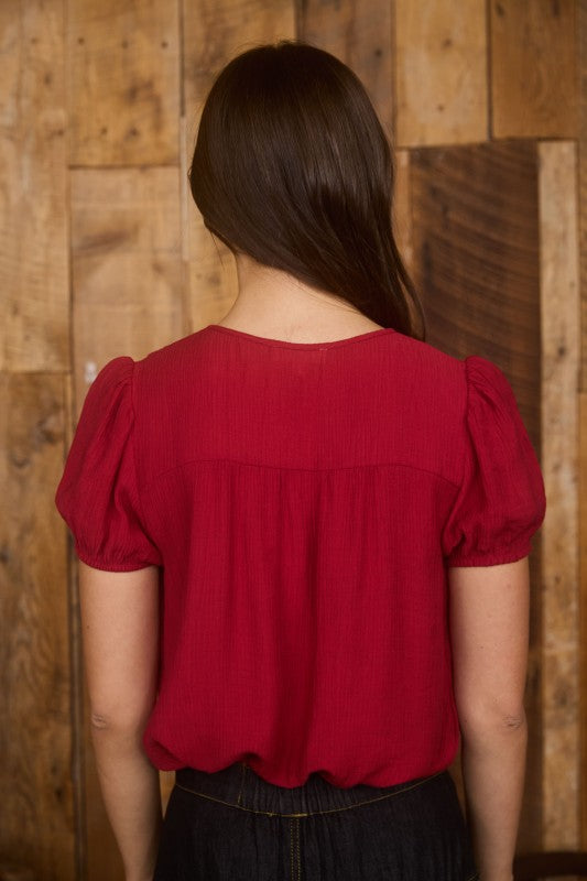 Eyelet Lace Trim Double Front Tie Puff Sleeve Top - Red