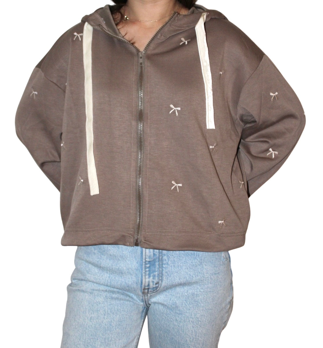 Bow Embroidered Zip Up Hoodie
