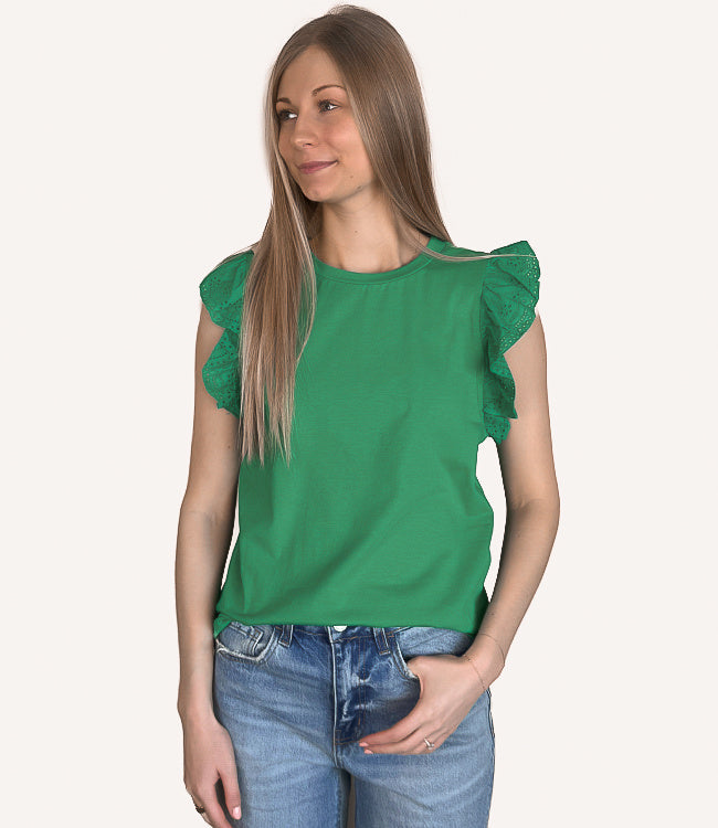 Embroidered Ruffled Sleeve Crew Neck Top - Green