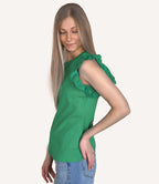 Embroidered Ruffled Sleeve Crew Neck Top - Green