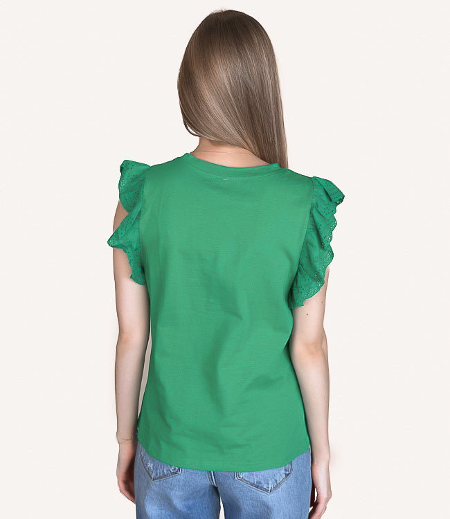 Embroidered Ruffled Sleeve Crew Neck Top - Green