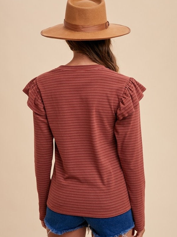 Soft Touch Striped Ruffle Shoulder Top - Brick Red