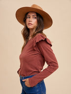 Soft Touch Striped Ruffle Shoulder Top - Brick Red