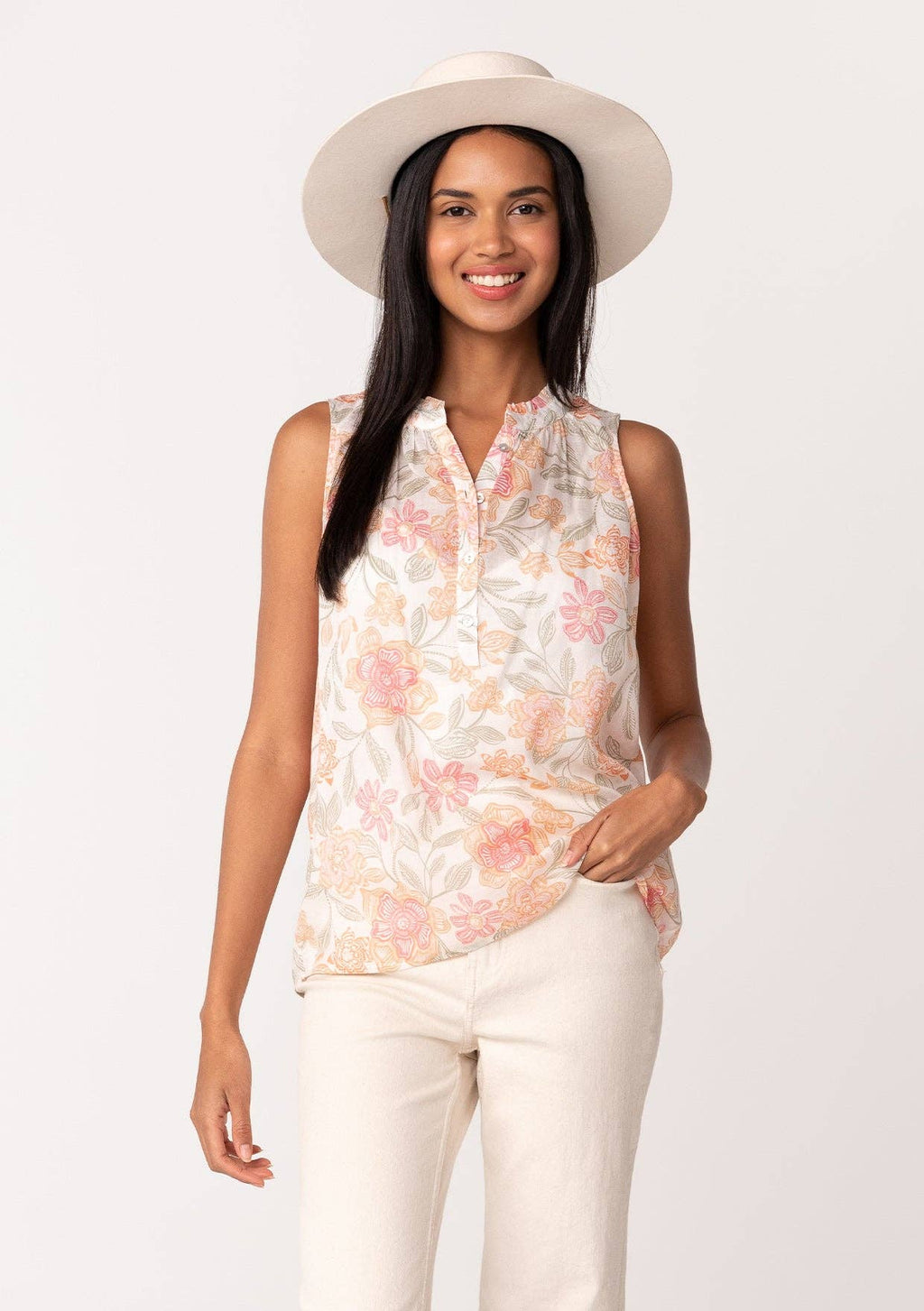 Sheer Floral Button Front Ruffle Neck Tank Top: Natural/Coral