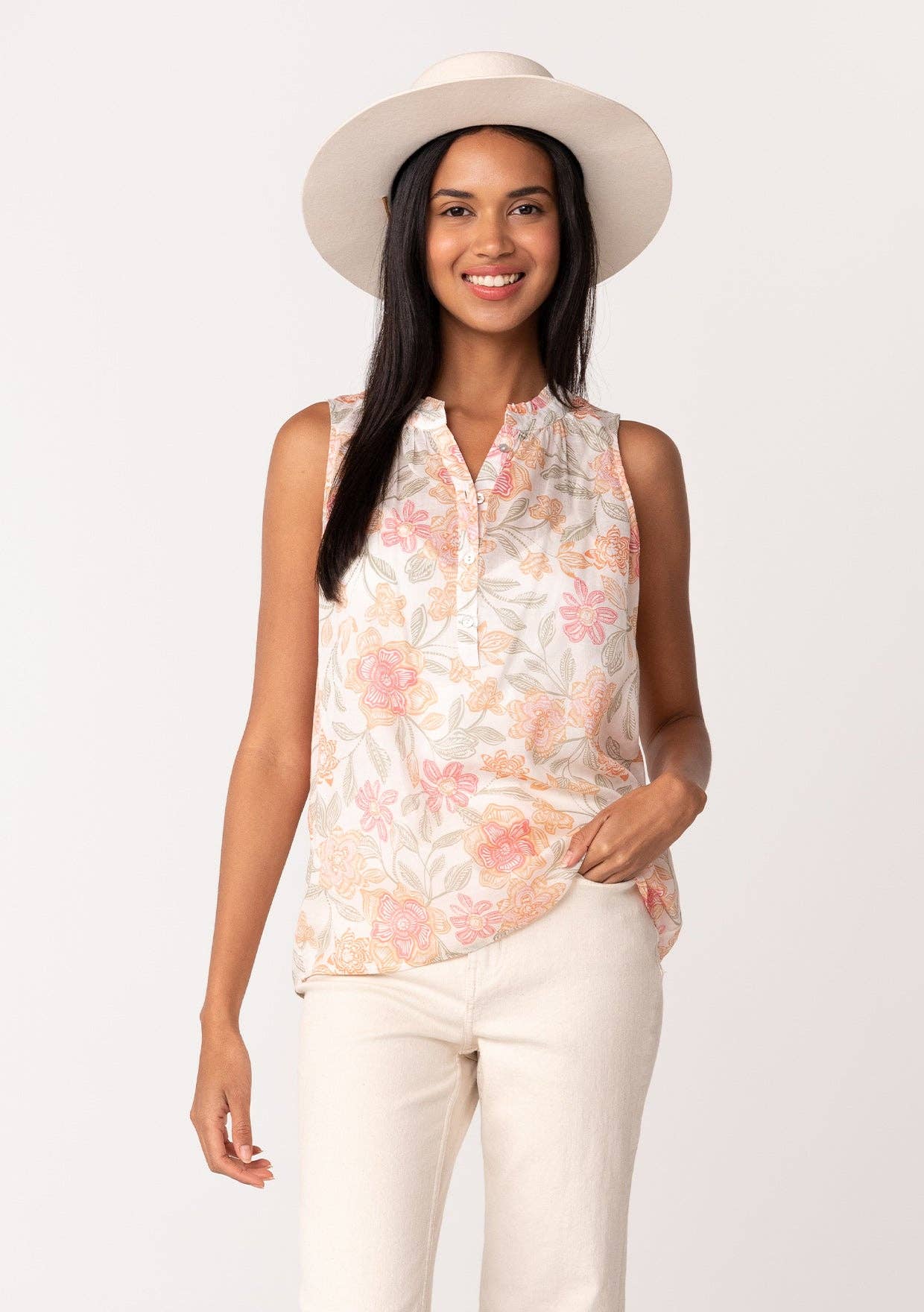 Sheer Floral Button Front Ruffle Neck Tank Top: Natural/Coral