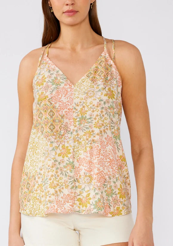 Bohemian Floral V Neck Racerback Tank Top: Dusty Peach/Rust