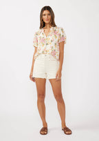 Floral Puff Sleeve Button-Down Top: Natural/Dusty Pink