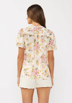 Floral Puff Sleeve Button-Down Top: Natural/Dusty Pink