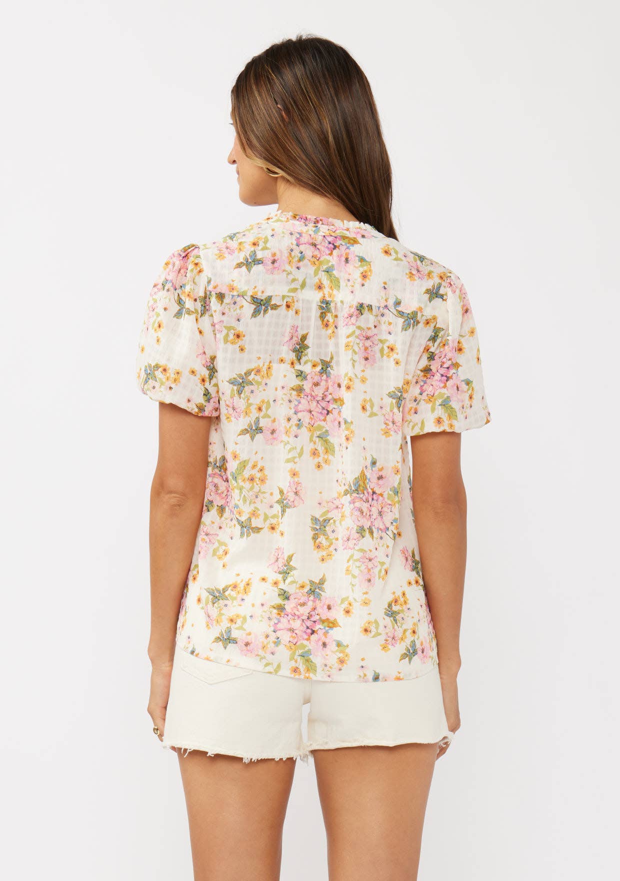 Floral Puff Sleeve Button-Down Top: Natural/Dusty Pink