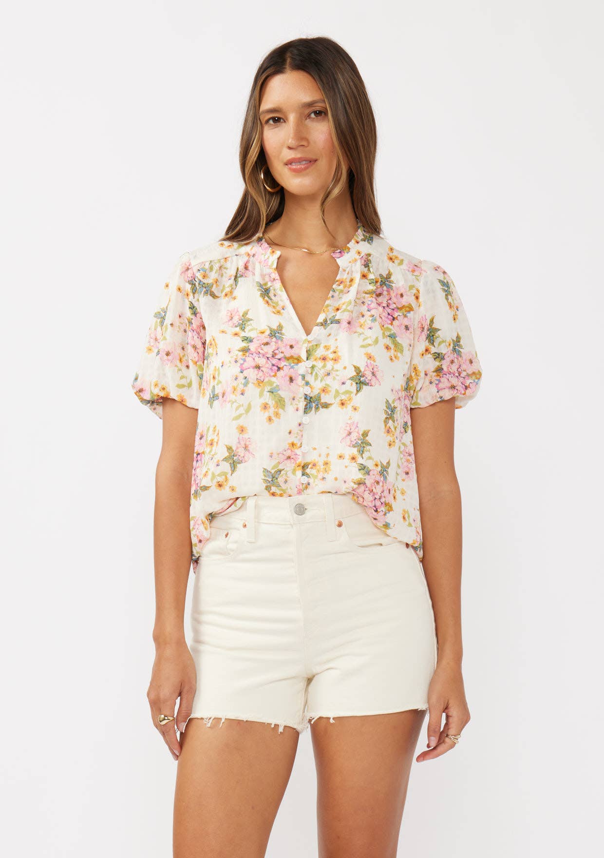 Floral Puff Sleeve Button-Down Top: Natural/Dusty Pink