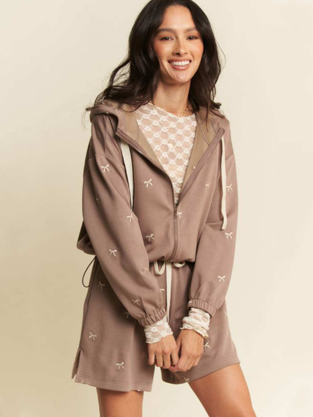 Bow Embroidered Zip Up Hoodie