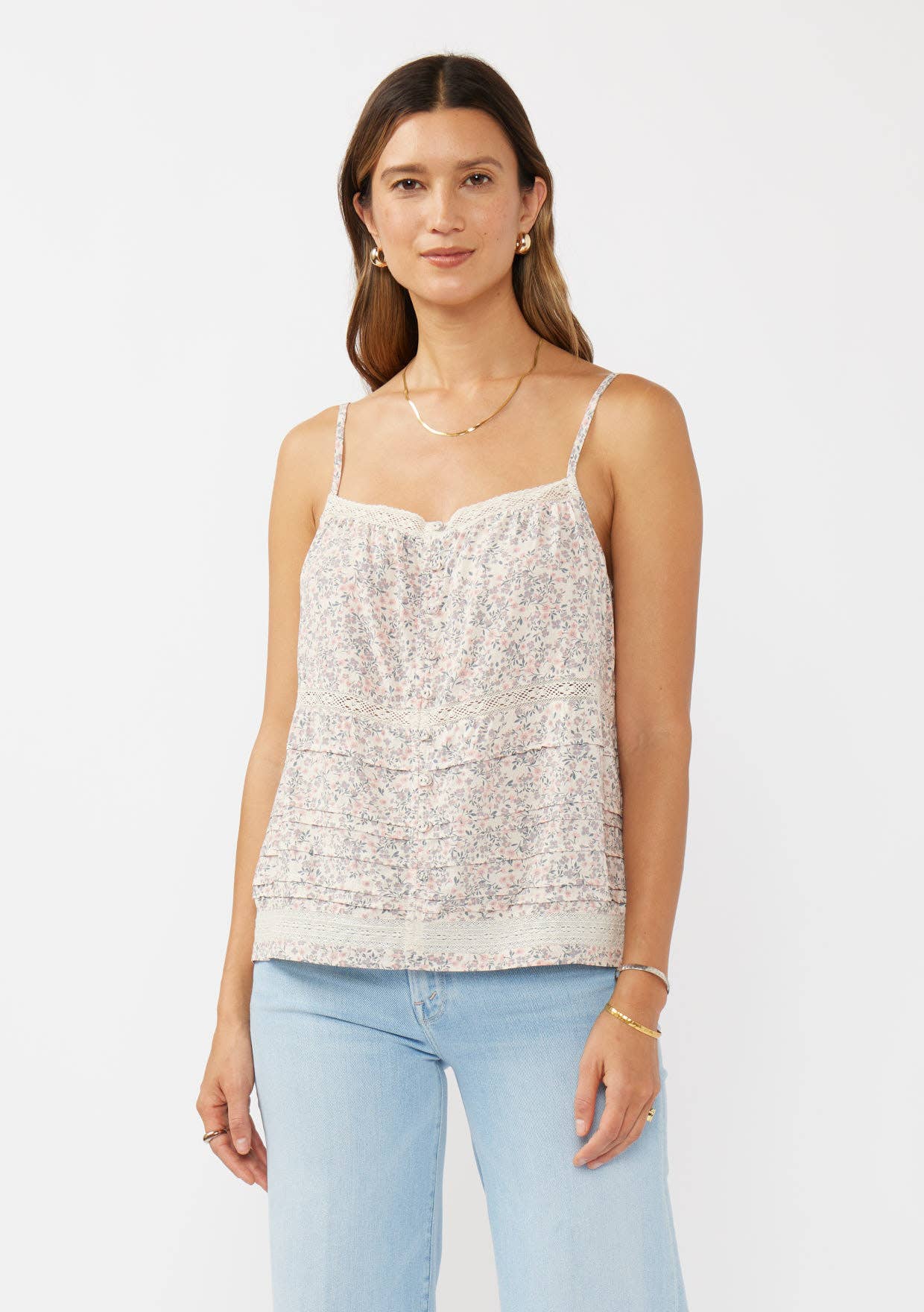 Lace-Trimmed Button Down Floral Spaghetti Tank : Natural/Pink