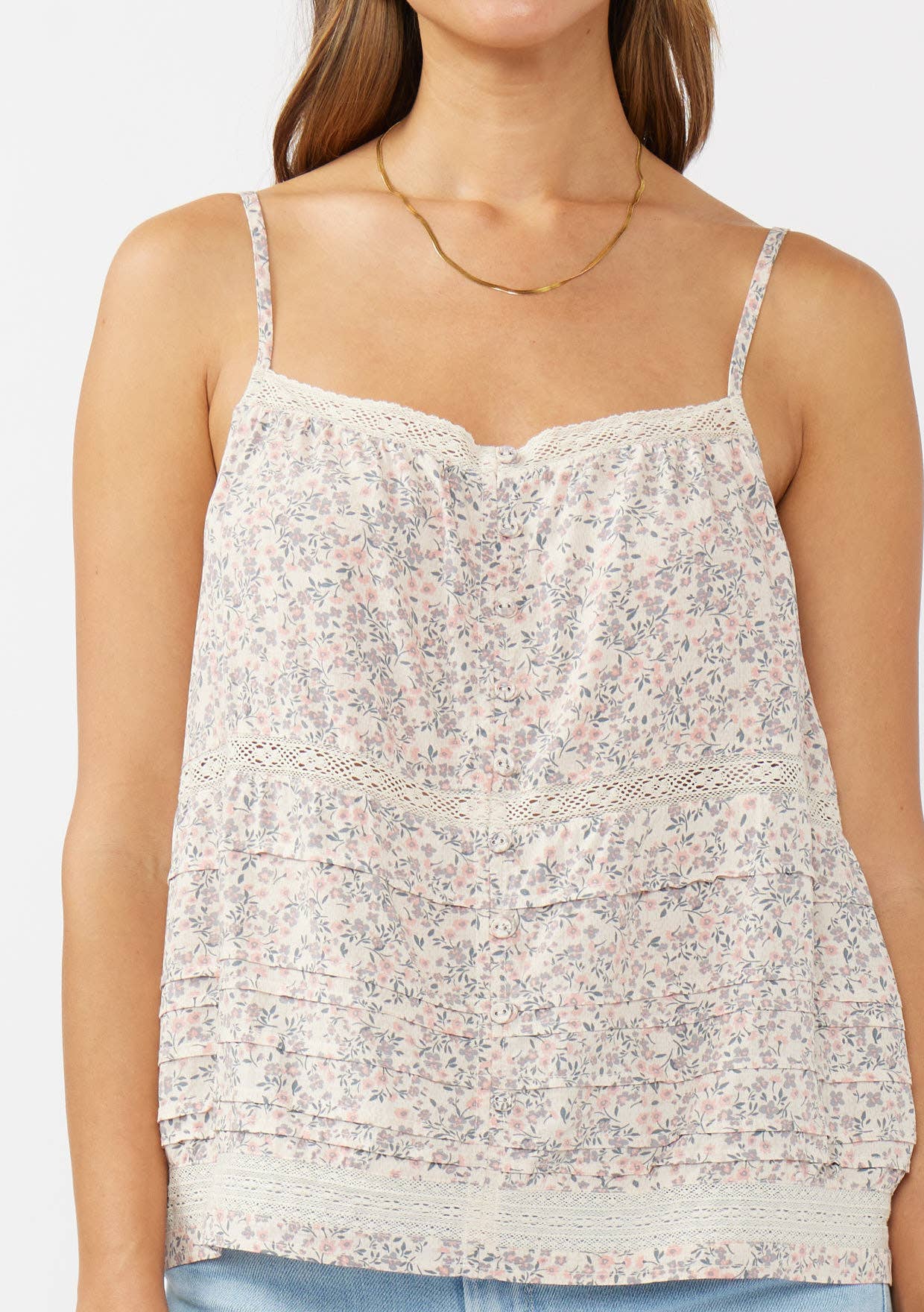 Lace-Trimmed Button Down Floral Spaghetti Tank : Natural/Pink