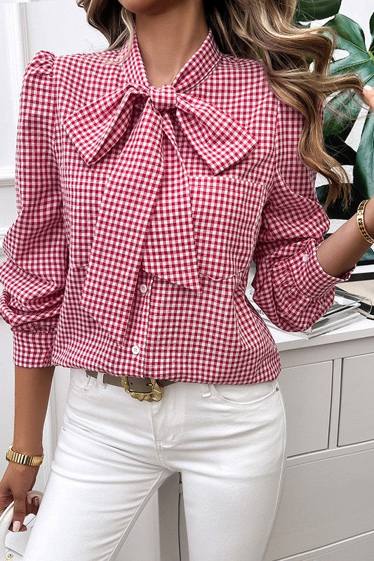 Plaid Puff Sleeves Loose Button Trim Knot Blouse