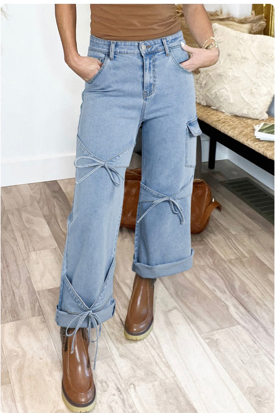 Beau Blue Bowknot Decor Boyfriend Cargo Jeans