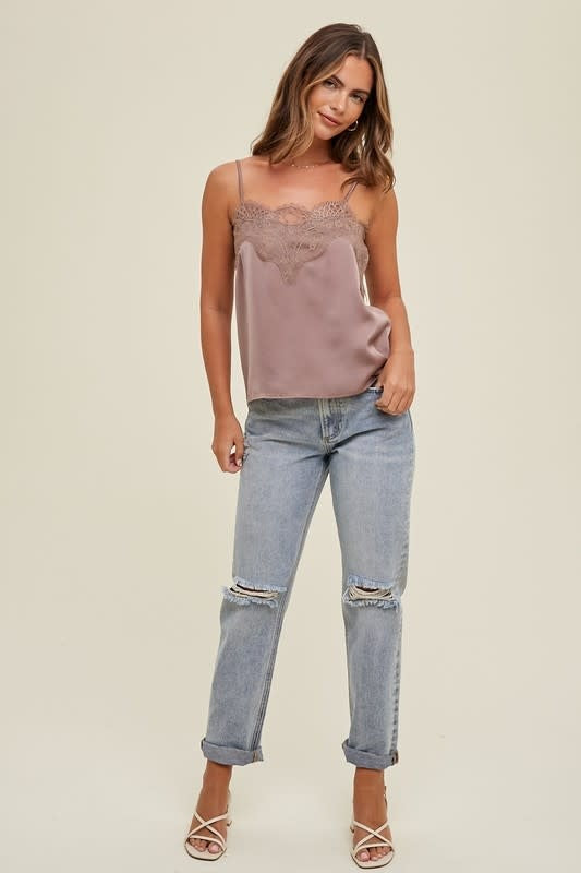 Satin Cami With Lace Trim Detail - Midnight