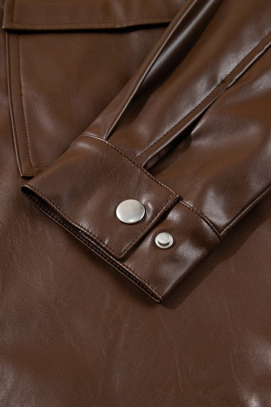 Leather Drawstring Hem Pocketed Jacket