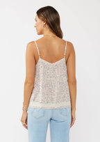 Lace-Trimmed Button Down Floral Spaghetti Tank : Natural/Pink