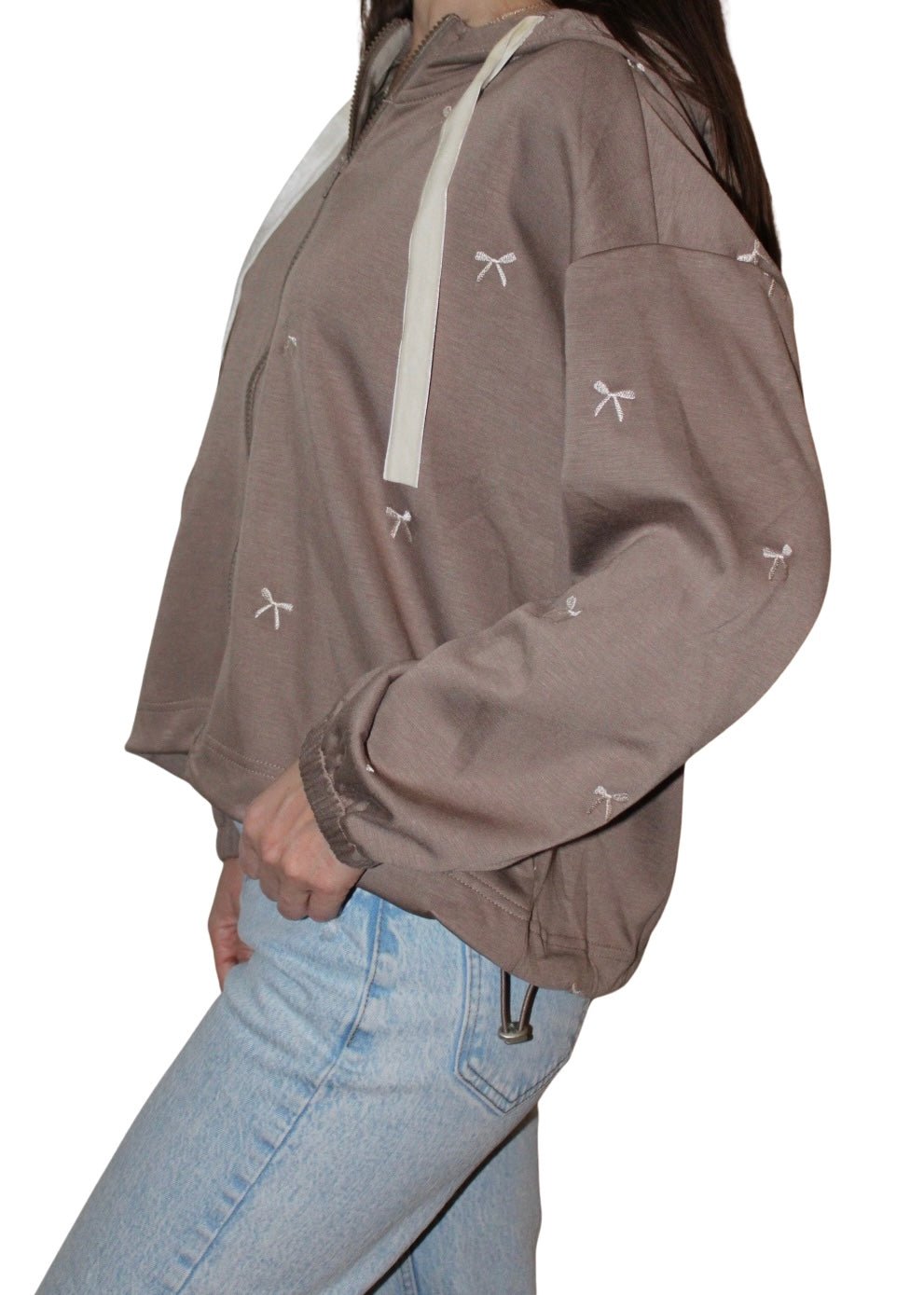 Bow Embroidered Zip Up Hoodie