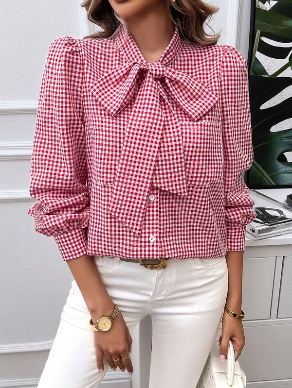 Plaid Puff Sleeves Loose Button Trim Knot Blouse