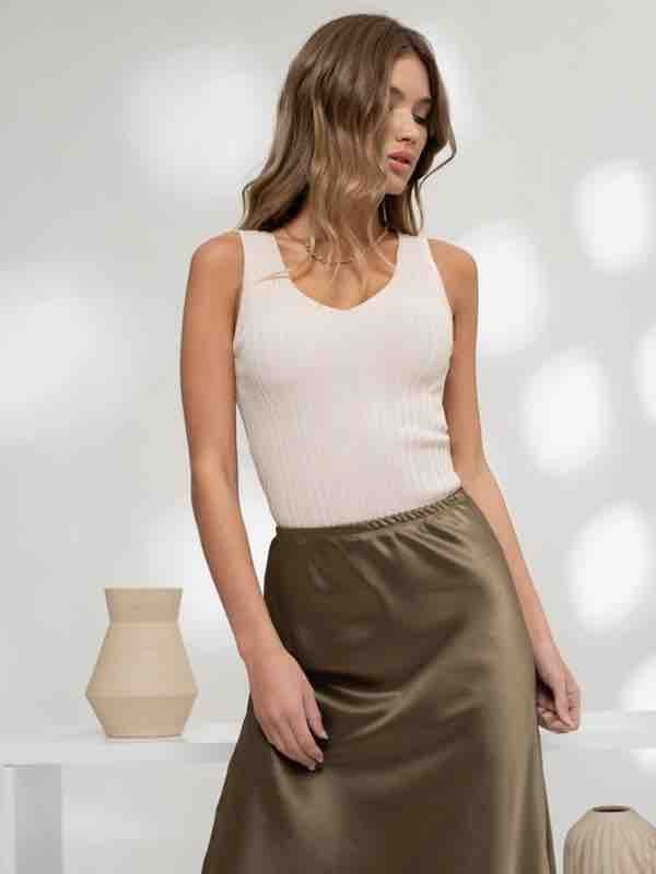 V Neck Sweater Knit Tank - Oatmeal