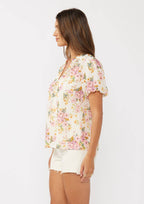 Floral Puff Sleeve Button-Down Top: Natural/Dusty Pink