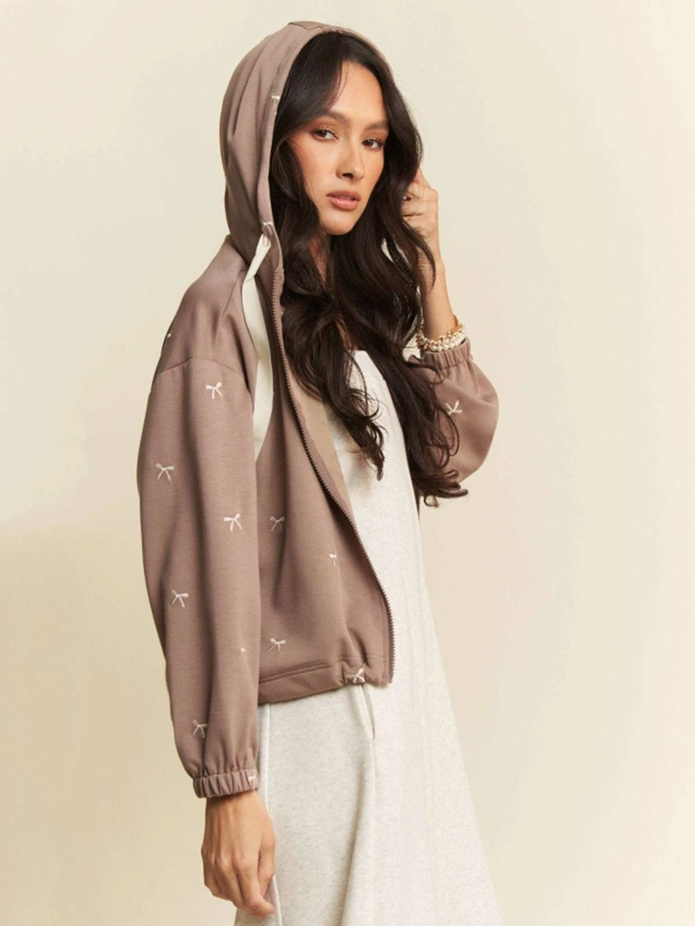 Bow Embroidered Zip Up Hoodie