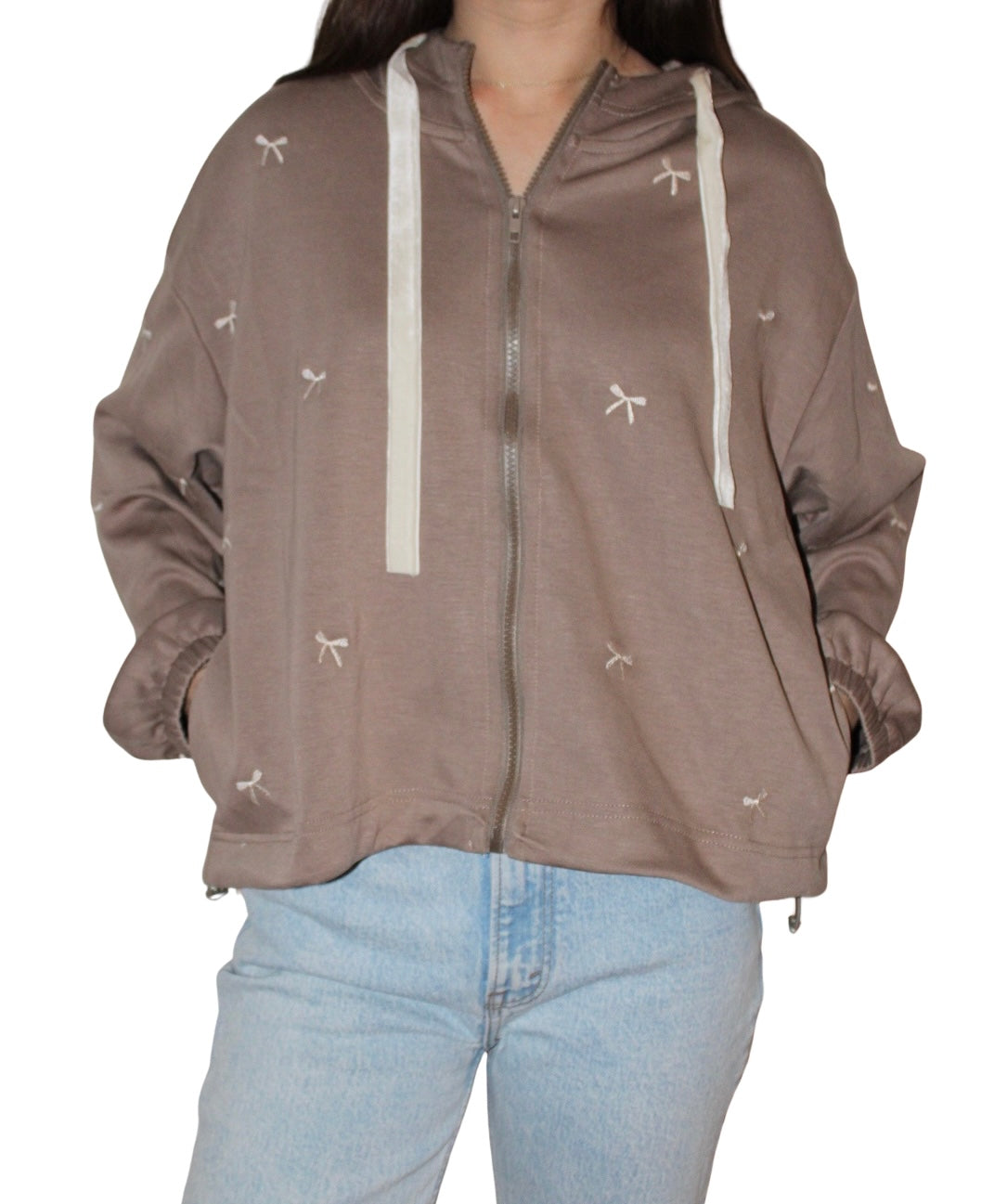 Bow Embroidered Zip Up Hoodie