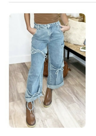Beau Blue Bowknot Decor Boyfriend Cargo Jeans