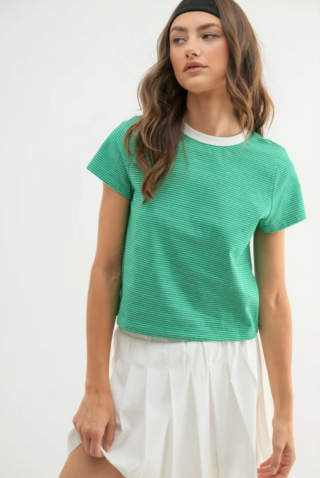 Striped Relaxed Crop Tee With Contrast Band - Green/White