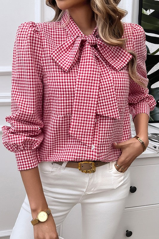 Plaid Puff Sleeves Loose Button Trim Knot Blouse