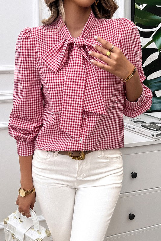 Plaid Puff Sleeves Loose Button Trim Knot Blouse