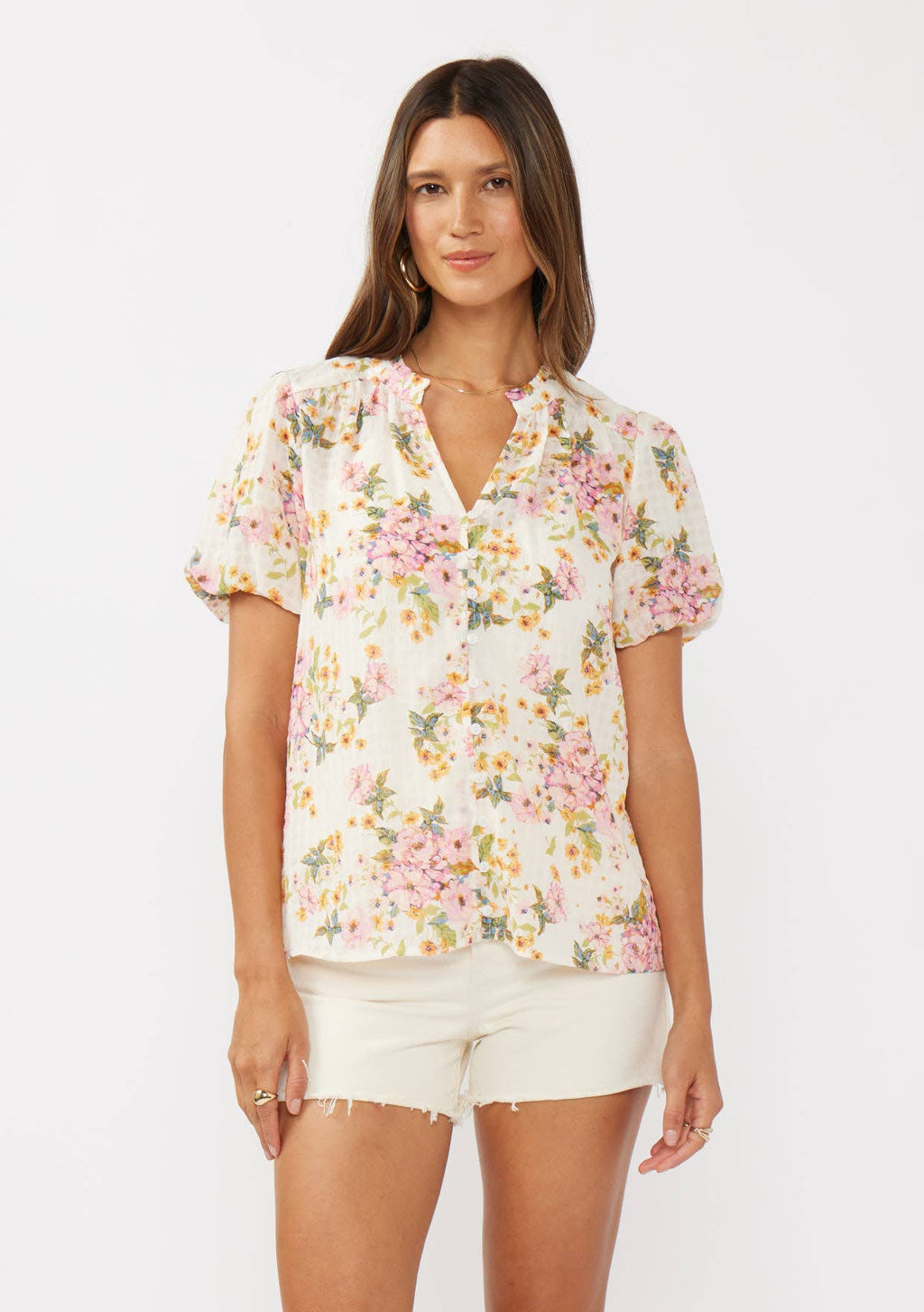 Floral Puff Sleeve Button-Down Top: Natural/Dusty Pink