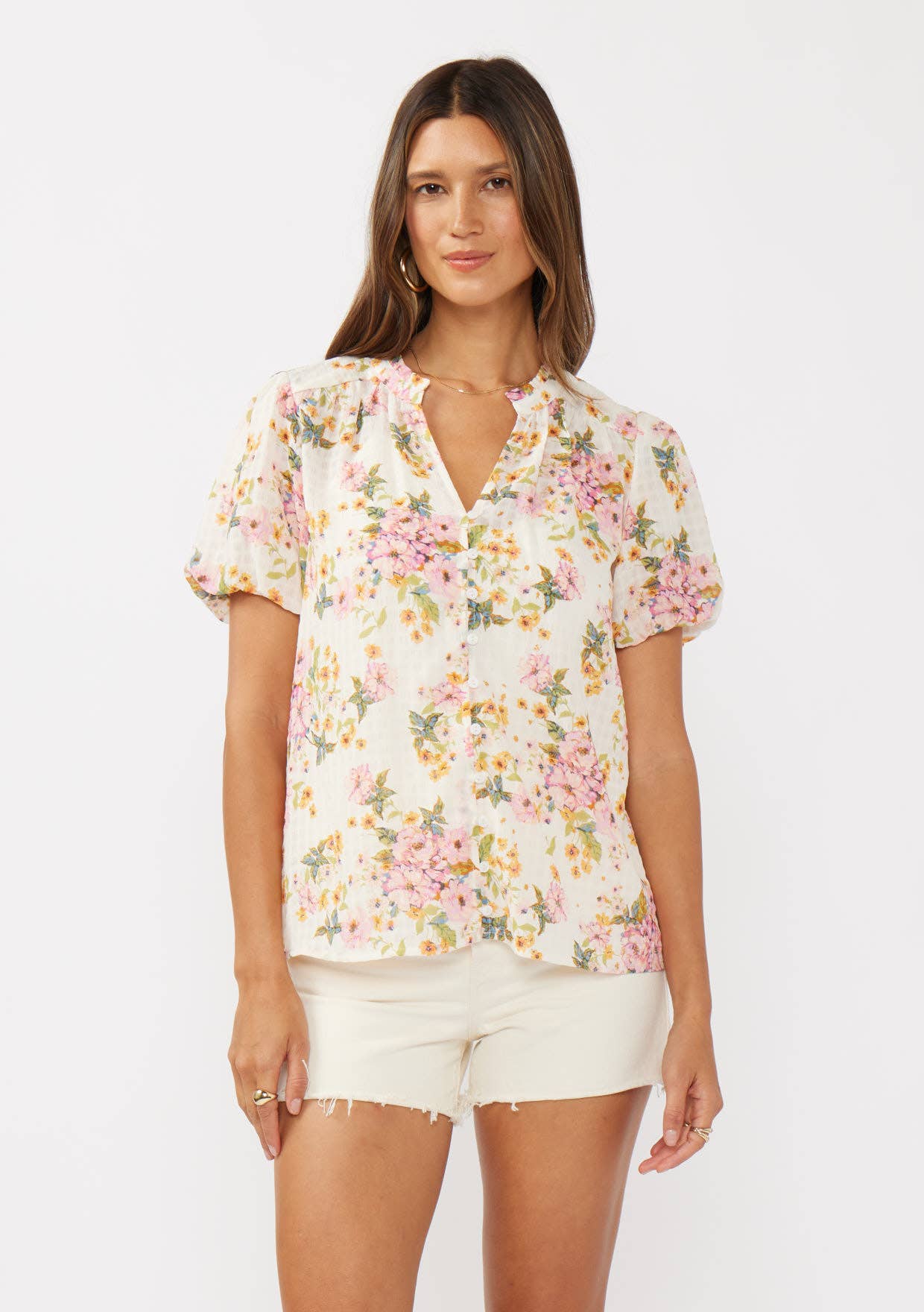 Floral Puff Sleeve Button-Down Top: Natural/Dusty Pink