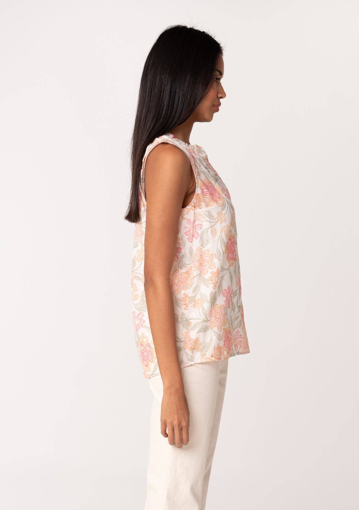 Sheer Floral Button Front Ruffle Neck Tank Top: Natural/Coral
