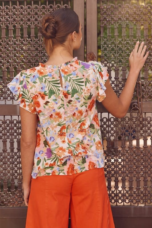 Flutter Sleeve Floral Print Blouse - Red