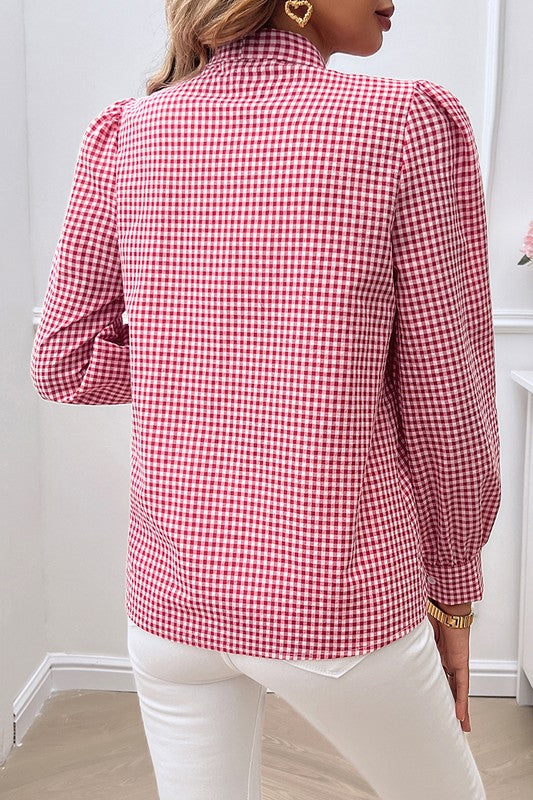 Plaid Puff Sleeves Loose Button Trim Knot Blouse