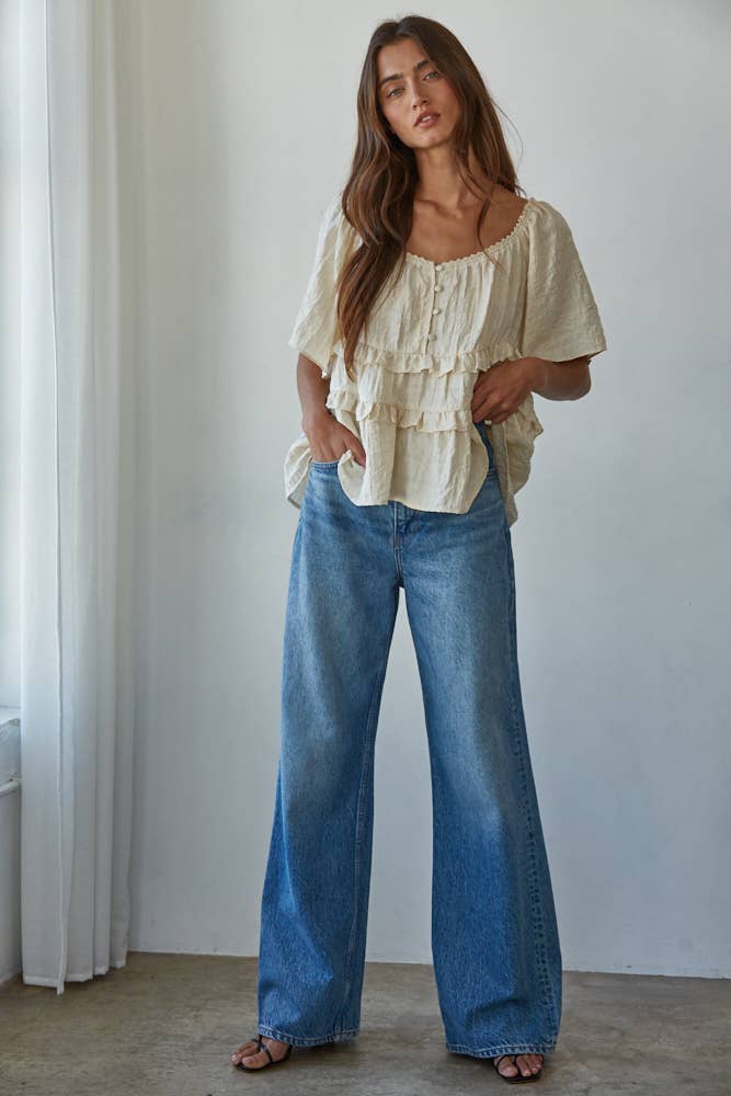 Woven Rayon Tencel V-Neck Short Cap Sleeve Blouse: Natural