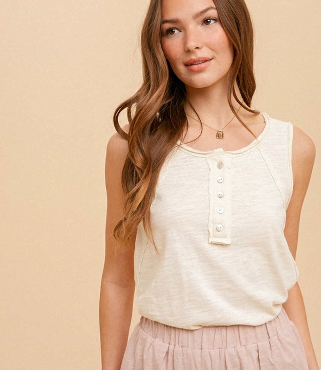 Cotton Slub Henley Tank Top - Cream